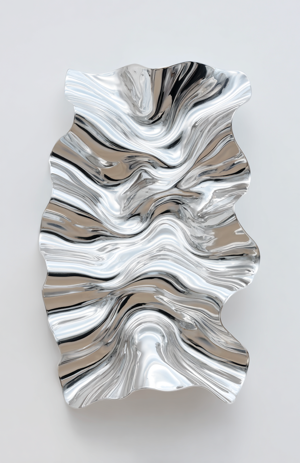 Wavy liquid chrome sculpture reflecting soft studio light