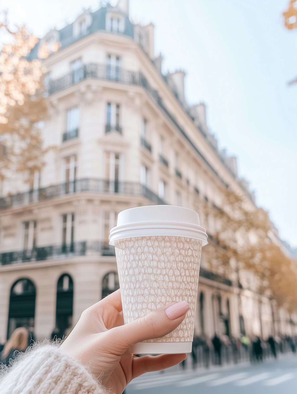 Hand holding a takeaway coffee cup in front of a classic Parisian building